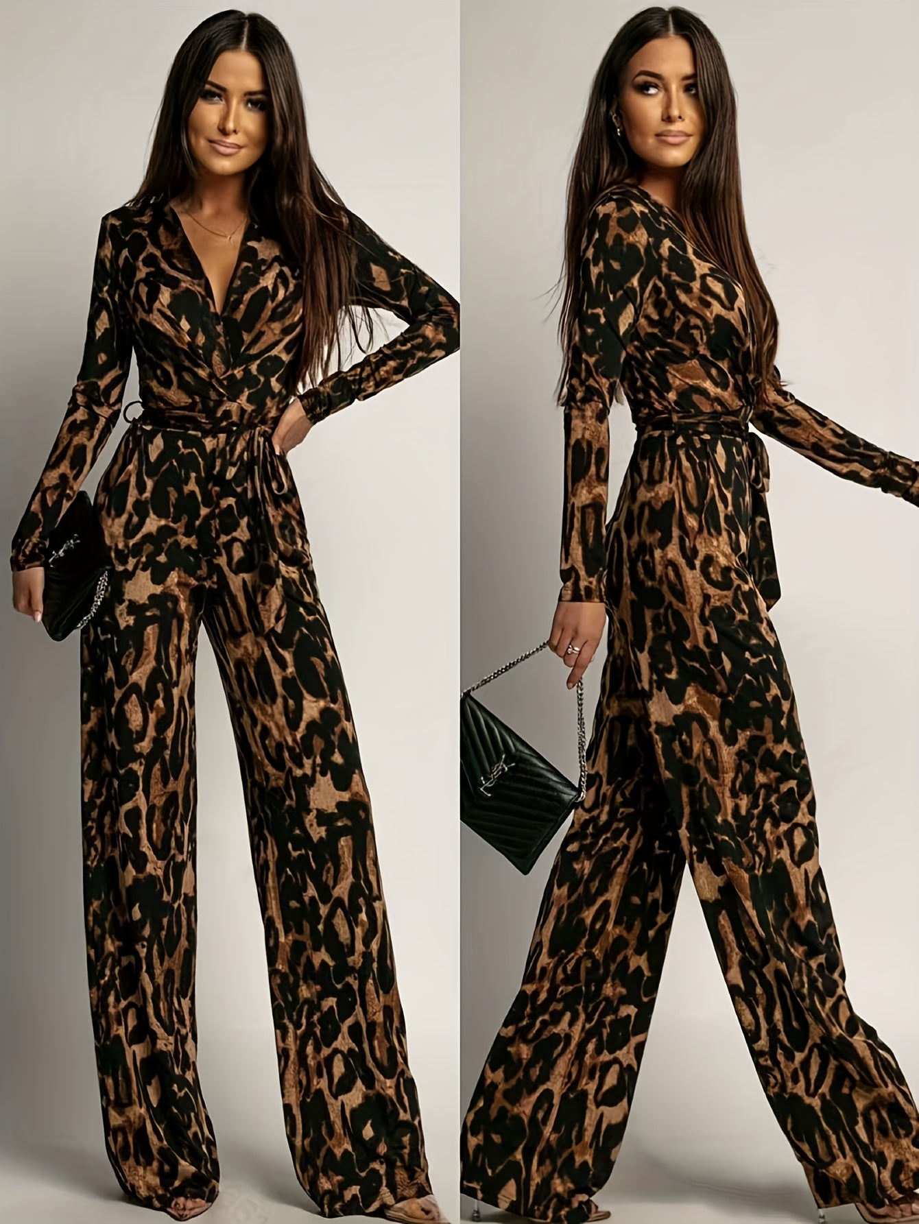 Elegant Women'S Printed Jumpsuit with V-Neck in Autumn - Comes with a Belt [Nian Nian]