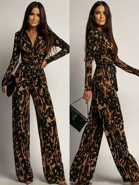 Elegant Women'S Printed Jumpsuit with V-Neck in Autumn - Comes with a Belt [Nian Nian]