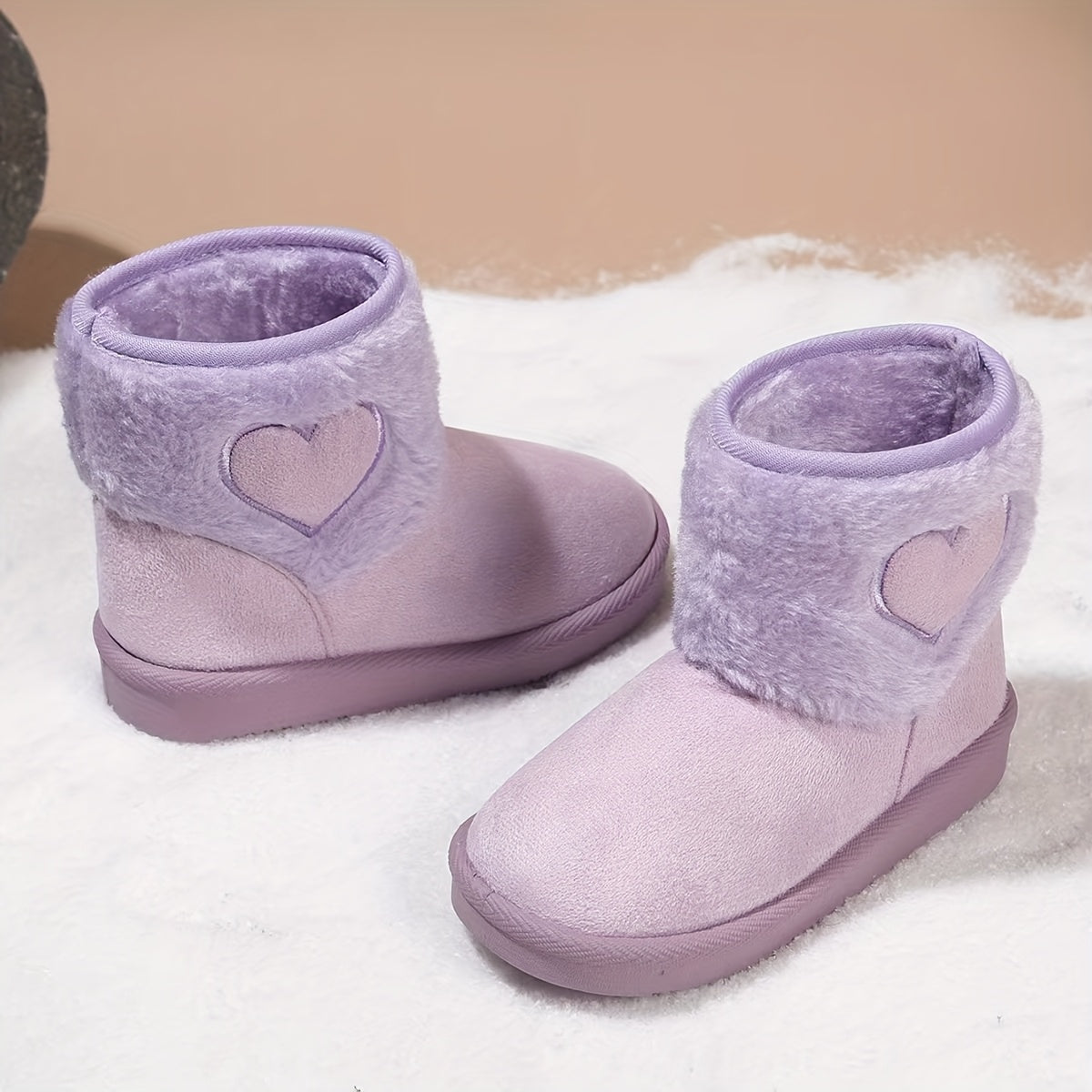 ' Pink Plush Winter Snow Boots with Heart Cutouts - Short Ankle Warm Traction Sole, Slip-On & Buckle-Free Closure, Soft Fabric for & (Pink) - Cozy Outdoor & Cold Weather Footwear