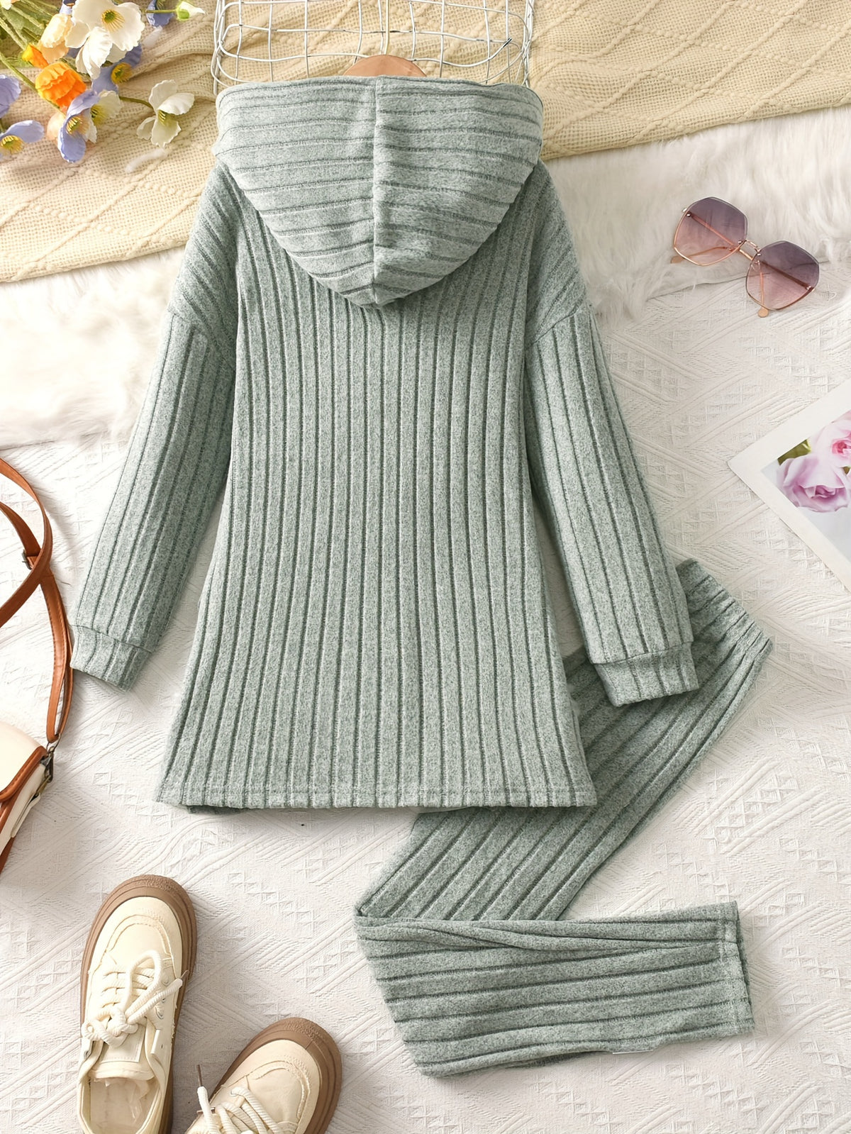 Girls' 2pcs Set, Long Brushed Solid Color Patch Hoodie Pullover and Elastic Waist Leggings, Girls' Autumn Winter Casual Set, Perfect for Outdoor
