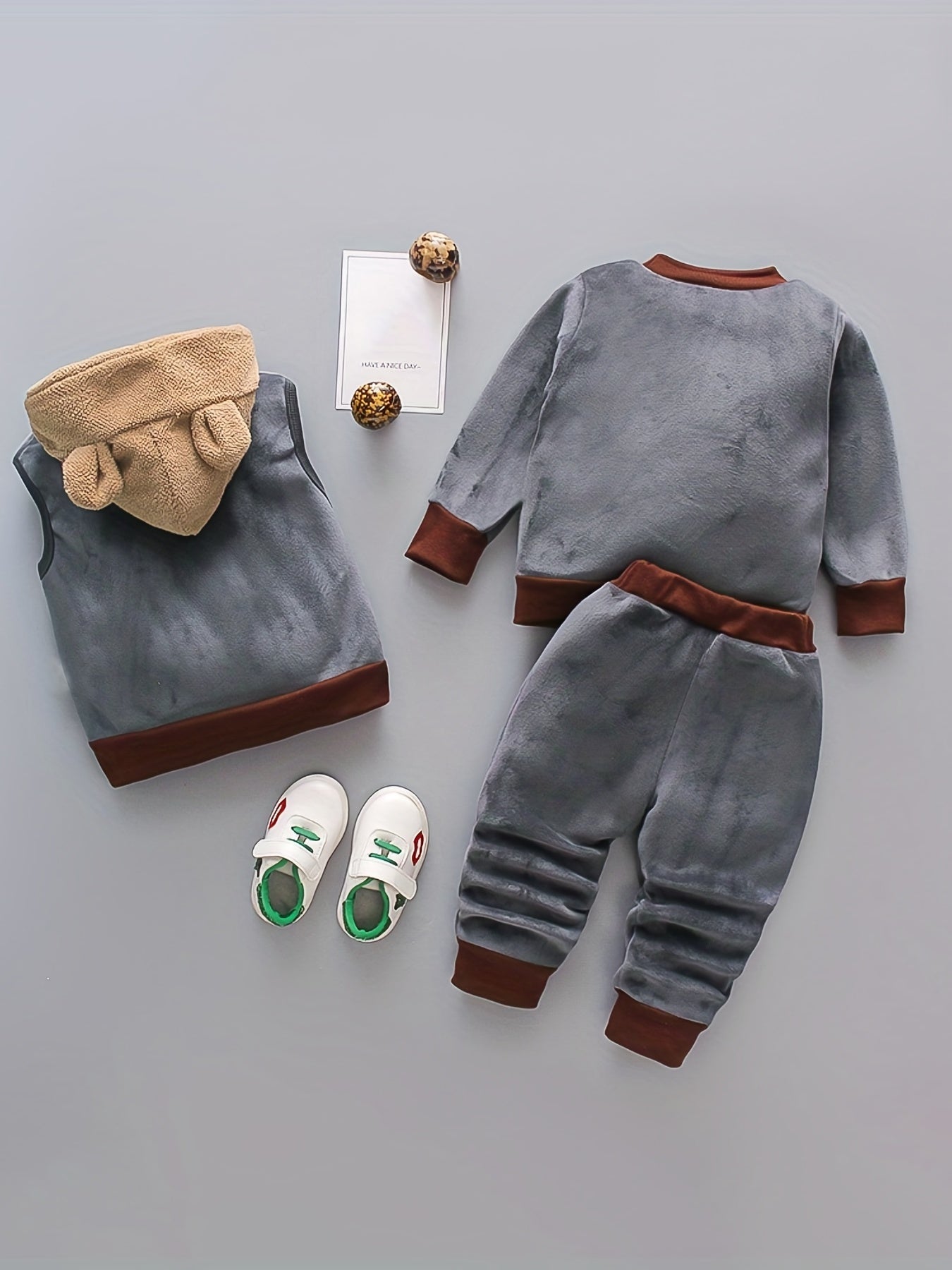 Boy's Thermal Velvet Outfit 3pcs/Bear Patchwork Sweatshirt & Hooded Vest & Jogger Pants Set/Toddler Kid's Clothes For Spring Fall Winter Daily & Outdoor Wear