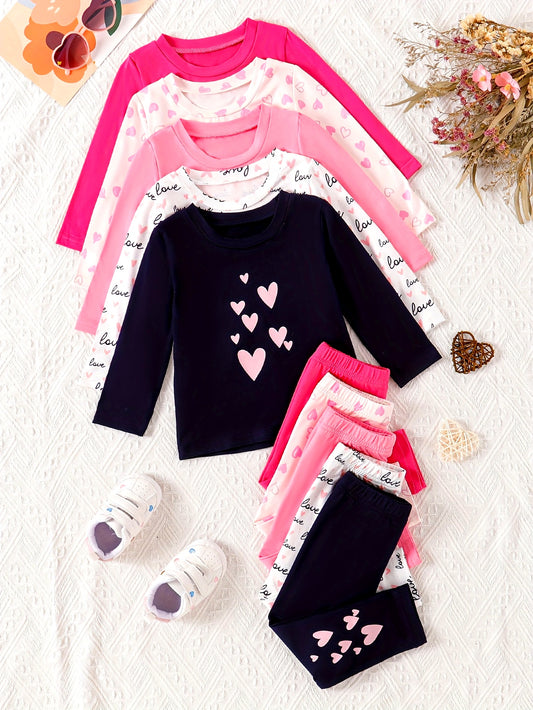 10pcs Baby Girls' Casual Long Sleeve & Pants Set - Cute & Heart Print, Soft Stretchy Fabric, Loose Fit, Spring/Fall Outdoor Playwear, Perfect for Daily Wear, for Outdoor