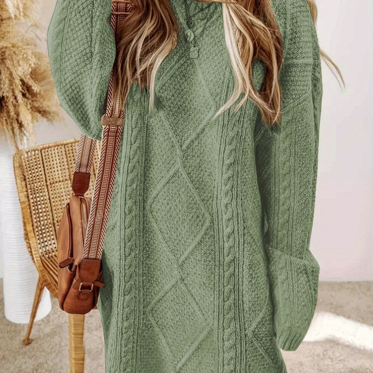 Plus Size, Beige Cable Sweater Dress - Oversized Slouchy Mid-Length Dress with Drop Shoulder, Cozy Winter Dress for Fall/Winter, Beige Cable Pattern Pullover, Elegant Casual to Dressy Wear