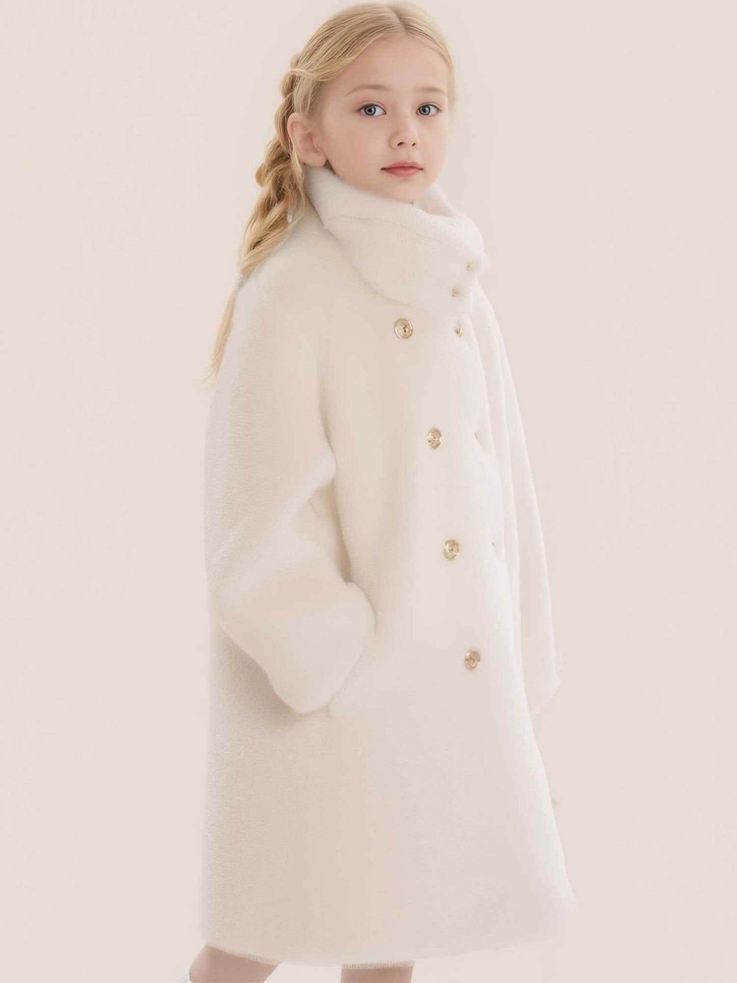 Girls' Fleece Coat, Winter Warm High Collar Jacket with Fleece Lining, Plush Padded Outerwear for Large & Tweed-Like & Party Outfits, Elegant Cold Weather Clothing, Machine Washable