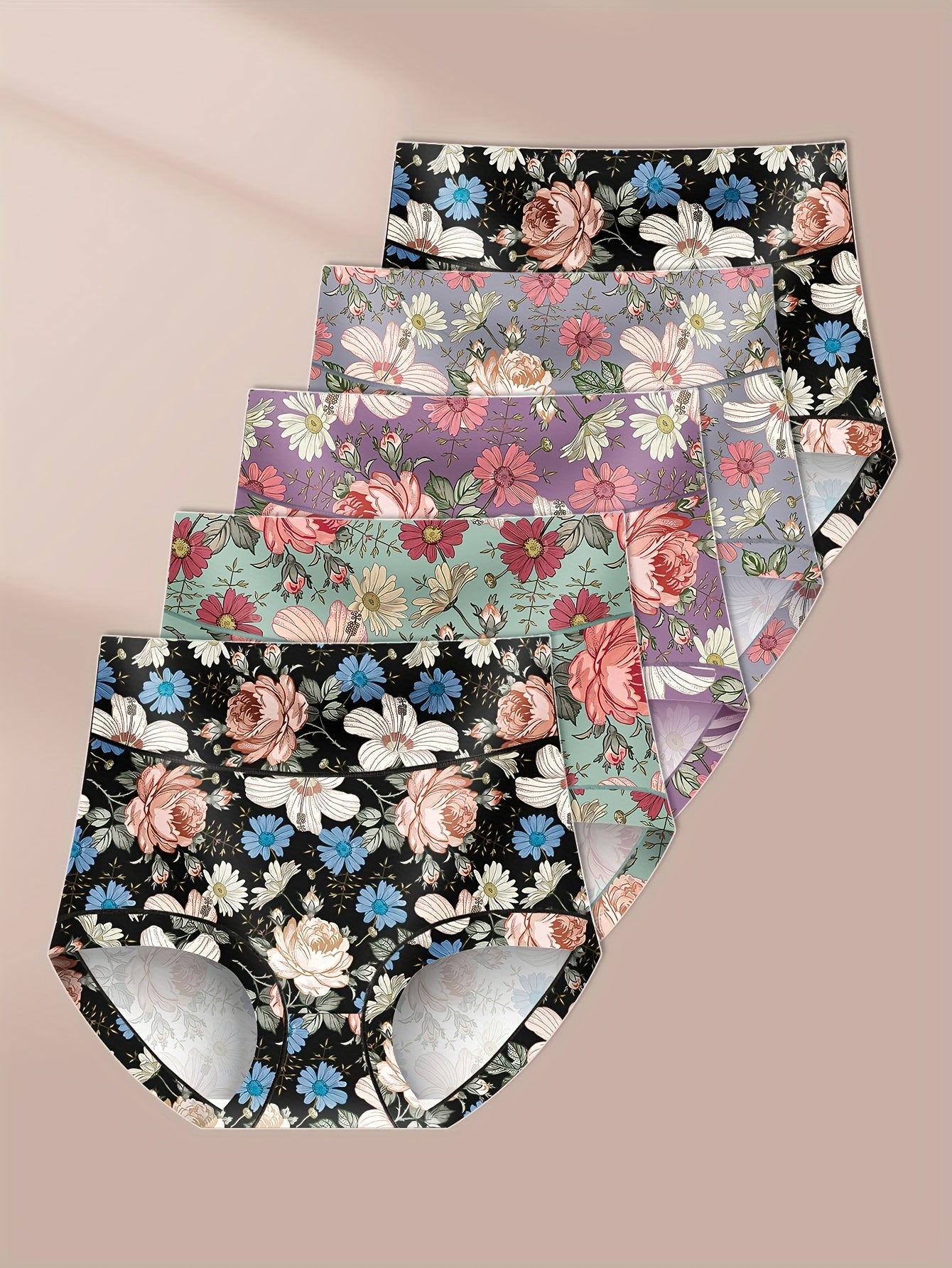 [5-Pack MIOTAN Underwear] MIOTAN 5-Pack Women's High-Waisted Underwear | Tummy Control, Butt Lift, Floral Print, Soft Breathable Triangle Briefs | Elegant, Durable, Stylish Lingerie, Lightweight Material, Comfort Seekers