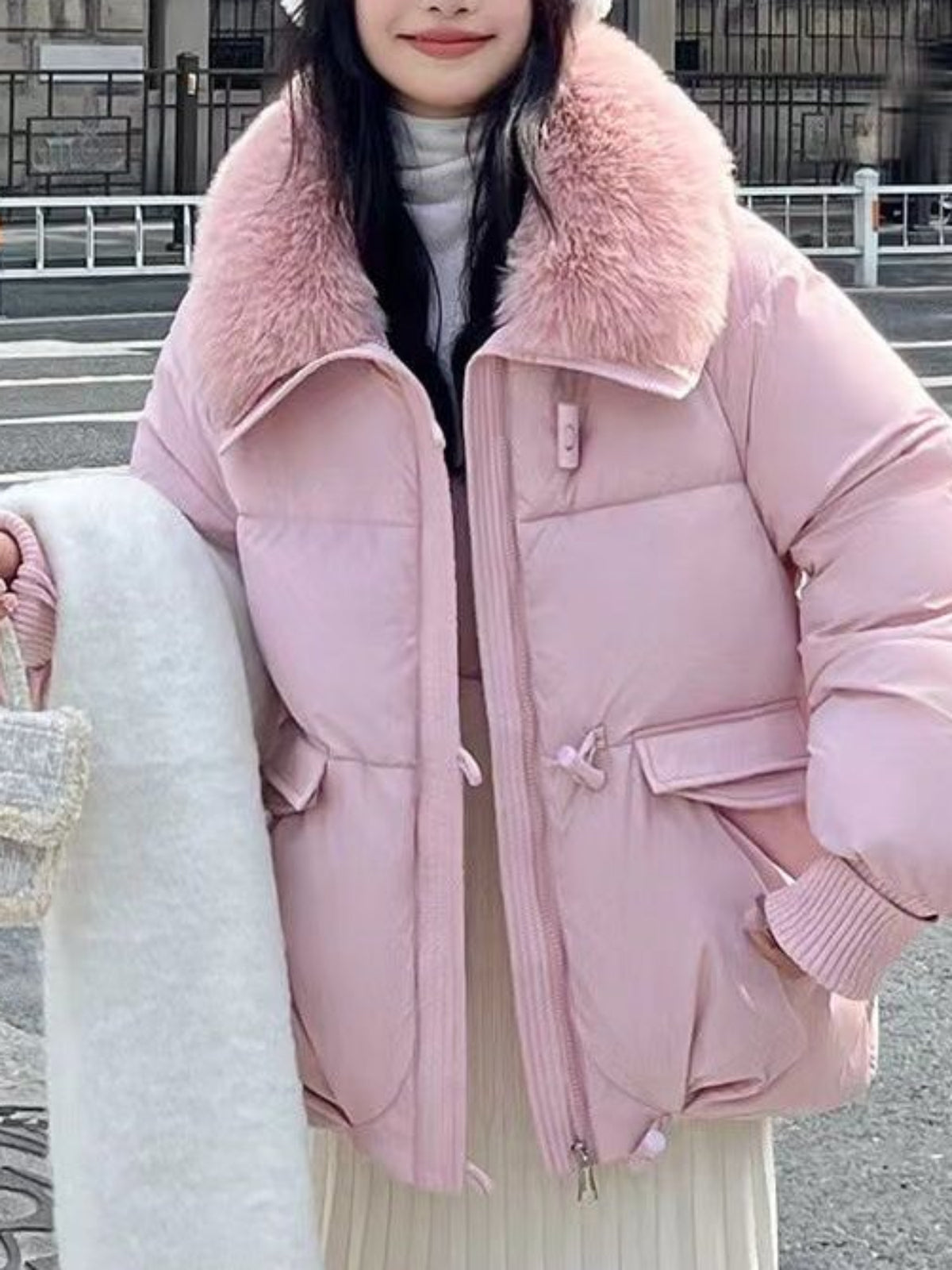 Women'S Oversized Korean Style Cropped Lapel Puffer Jacket - Full-Zip Winter Coat with Pockets, Short Turn- Collar & Quilted Insulation, Casual Warm Outerwear for Fall/Winter (Solid, Belted Design) - Versatile for Everyday &