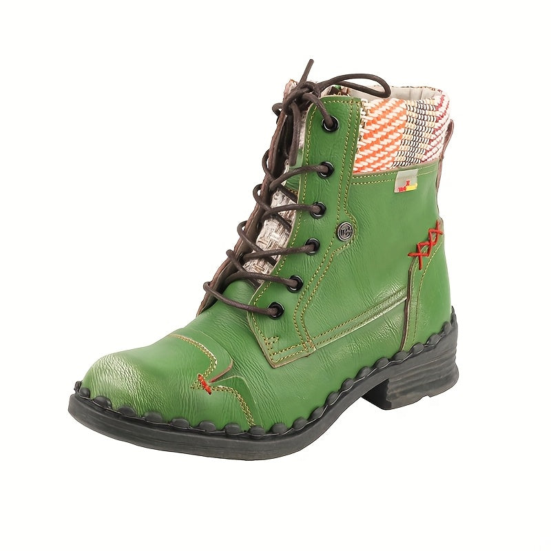 TMA ETES Women'S Elegant Height-Increasing Chunky Heel Ankle Boots with Anti-Slip TPR Sole, Side Zipper Closure, Round Toe & Plaid Design - All-Season Genuine Cover-like Synthetic Upper, Low Block Heel, Round Toe & Arch Suppo