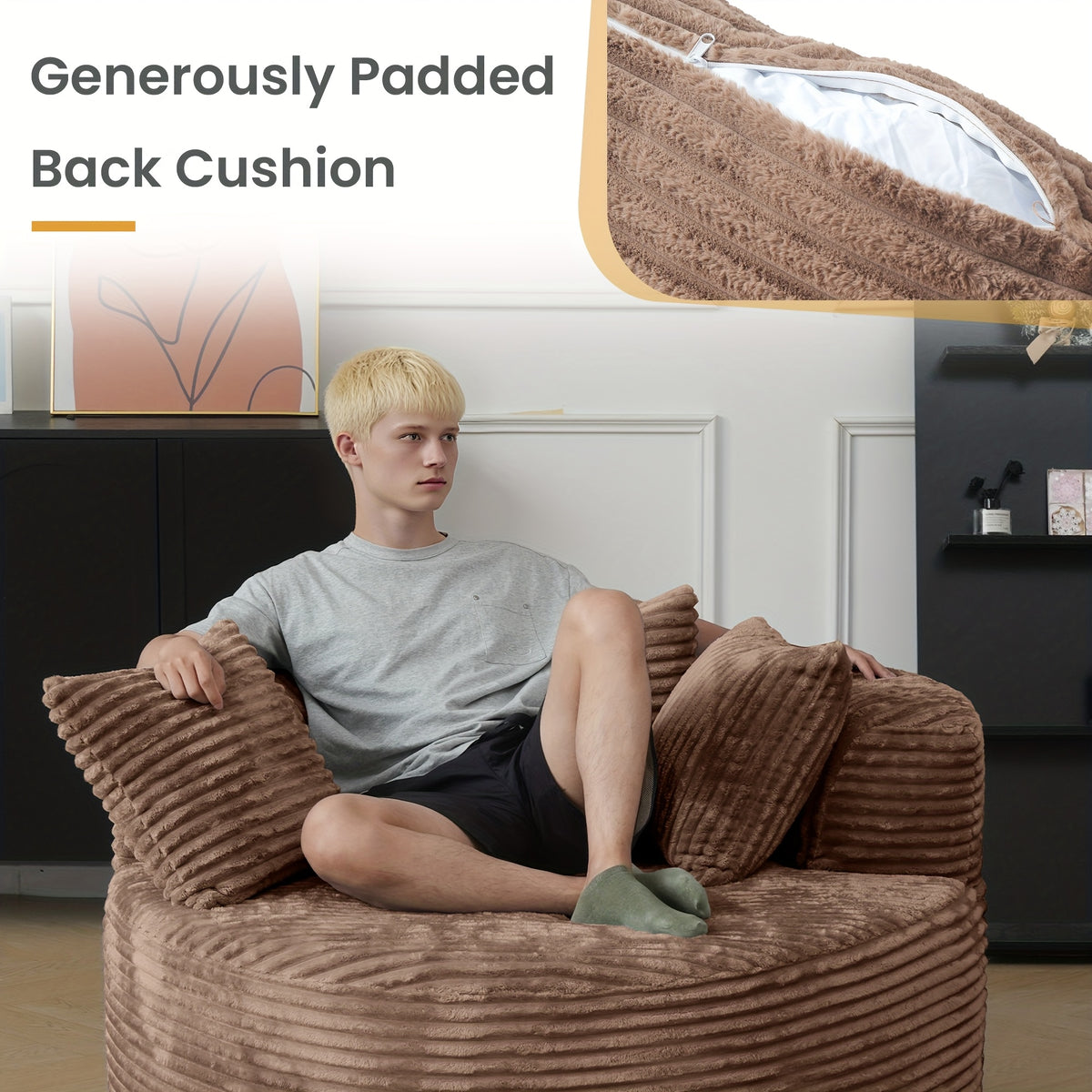 50" Oversized O-Shape Modular Boneless Chaise Couch - Plush Corduroy Fabric Sofa Bed with Ergonomic Design & Built-in Pillows, No Assembly Required, Brown Bean Bag Sleeper Sofa for Living Room, Game Room, Dorm - Easy-Clean Du