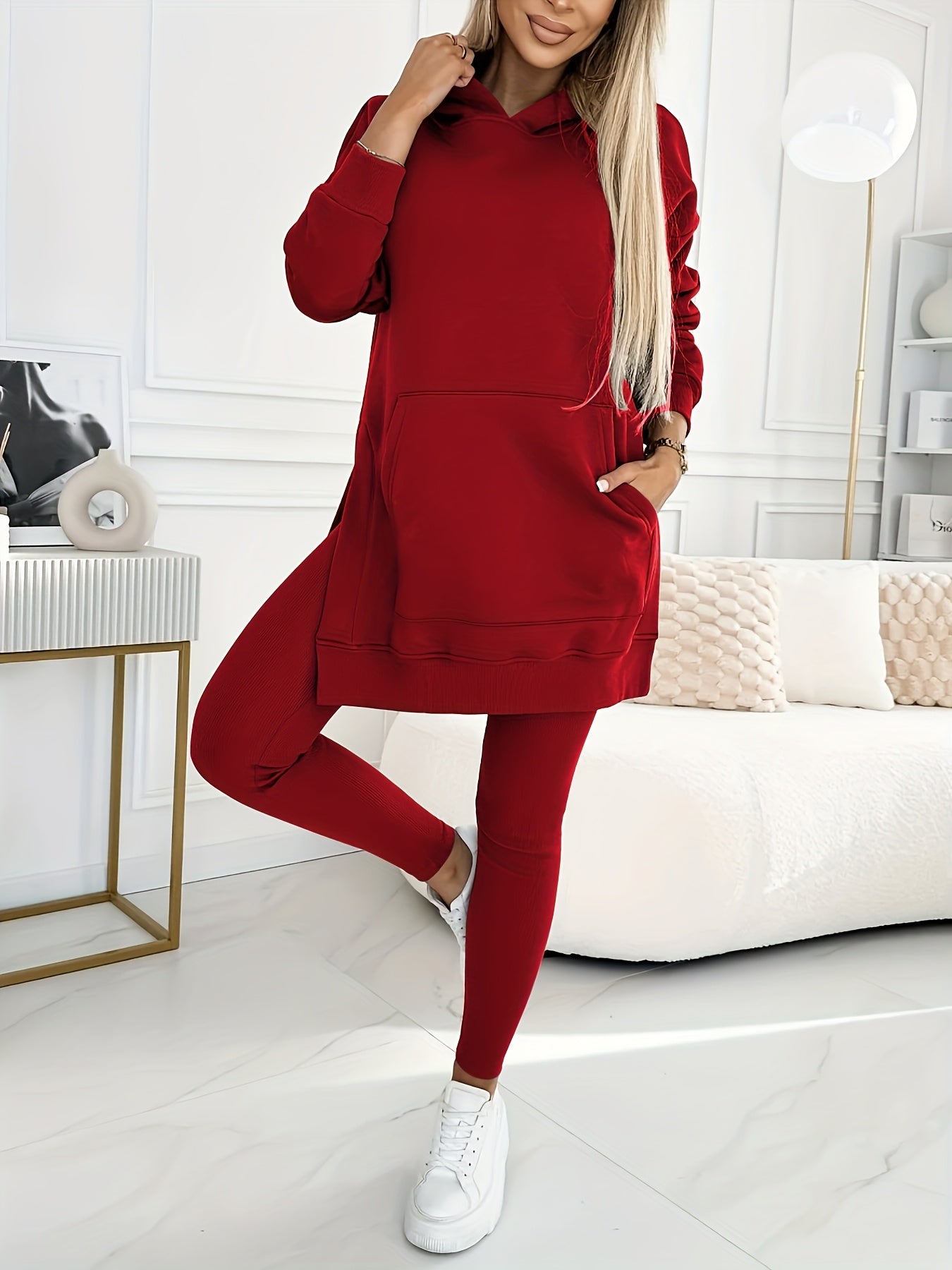 Directional Casual Suit, Women'S Solid Color Hooded Sweatshirt + Solid Color Leggings Two-Piece Set, Machine Washable And Dry Cleanable, Suitable for Daily Commuting