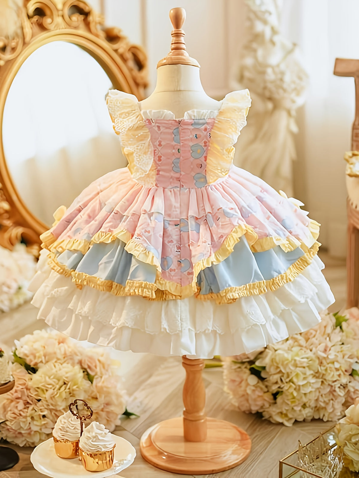 2025 Autumn New Arrival Princess Birthday Party dress - Pastel Pink & Yellow tutu gown, Flared lower half, Non-Stretchy fabric for Birthday, Photoshoots - Victorian-Style Floral Tulle Puffy Dress - Lace Trim Layered Skirt, Al
