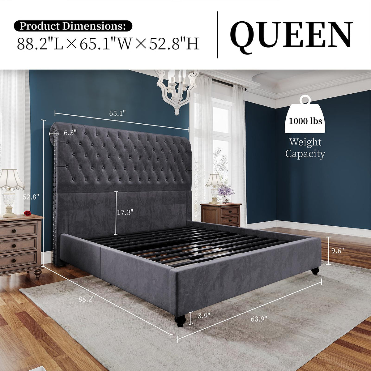 PAPABABE Upholstered Platform Bed Frame with 52.8" Sleigh Headboard - Button Tufted Design, No Box Spring Required, Easy Assembly, Durable Hardwood & Polyester, Classic Style for Modern Bedrooms, Bedroom Furniture, Elegant Be