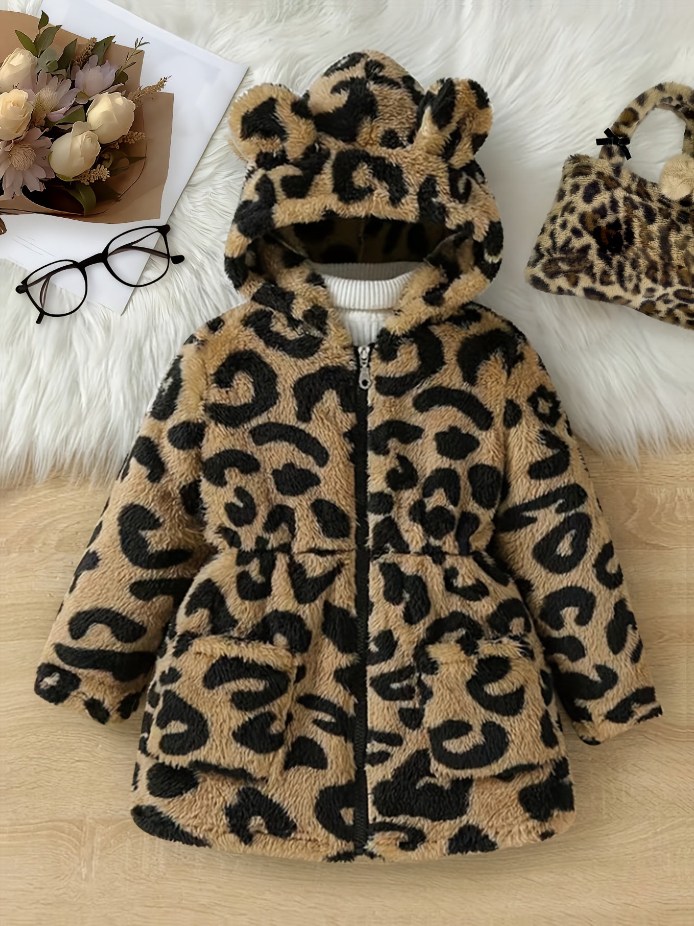 Girls' Winter Leopard Print Hooded Jacket with Pockets - Cozy Faux-Fur Trim Long Sleeve Coat, Black & Brown Spots, Machine Washable Casual Outerwear for Everyday, Parties & Travel - Stylish & Warm Fall/Winter Outer Layer, Com