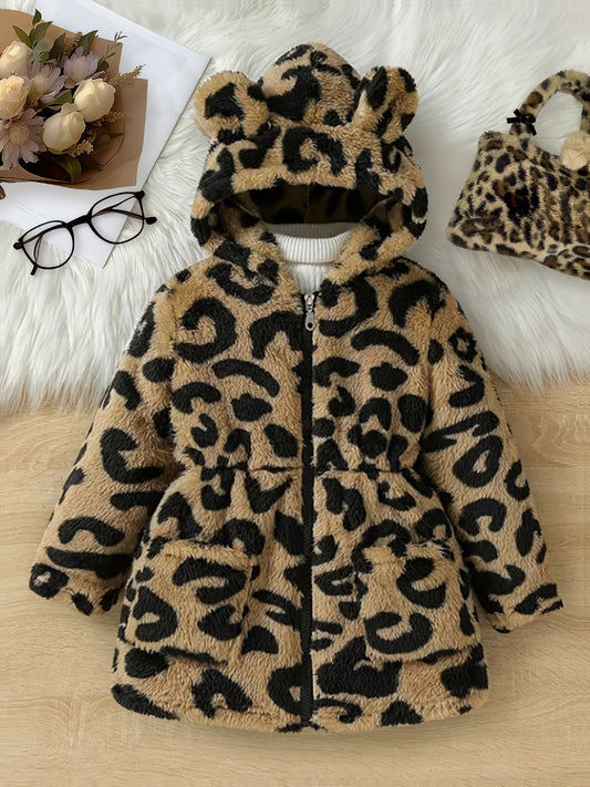 Girls' Winter Leopard Print Hooded Jacket with Pockets - Cozy Faux-Fur Trim Long Sleeve Coat, Black & Brown Spots, Machine Washable Casual Outerwear for Everyday, Parties & Travel - Stylish & Warm Fall/Winter Outer Layer, Com