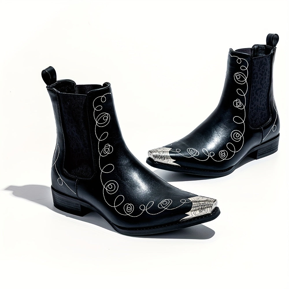 Men's Slip-On Iron-Toed Cowboy Boots with Imitation Leopard Print & Elastic Band - Low Heel Western Chelsea Boots, Pointed Toe & Round Sole for Weddings, Parties, Business - All-Season Comfortable Booties