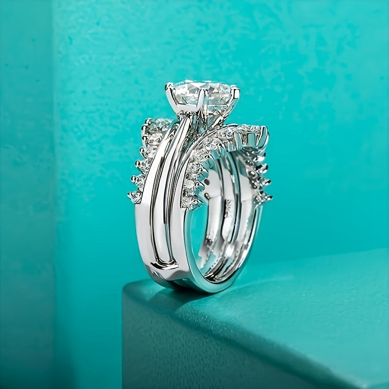 1pc S925 Silver 3 Carat Moissanite Combination Ring Sterling Silver Fashion, Suitable For Birthday Fashion, Wedding And Holidays, Suitable For Men And Women