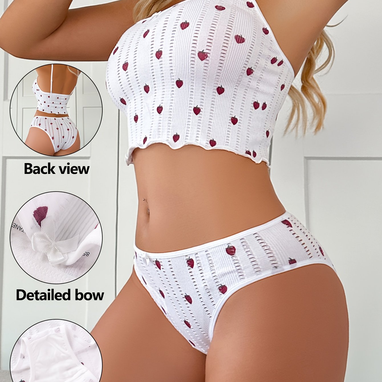 [Playful Strawberry Bra Set] 1 Set Comfortable & Breathable White Strawberry Pattern Bra & Briefs - Light Beige-Friendly, Detailed Bow Design, Perfect for Casual Attire, Playful Design Bra Set