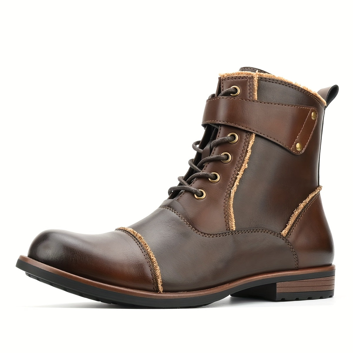 Men's Retro Motorcycle Boots, British Style High-Top Round Toe Work Boots with Side Zipper, Brown & TPR Sole, Adjustable Buckle Straps, All-Season Casual & Outdoor Wear, Hiking Boots | Buckle Strap Boots | Boots