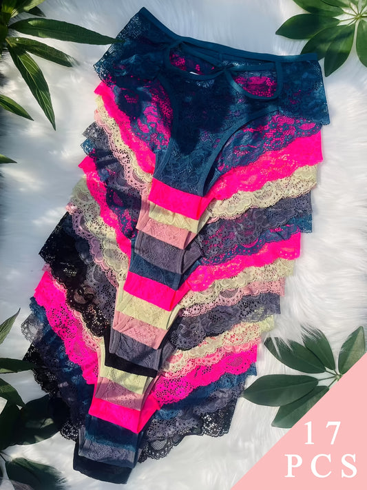 [Seamless & Lace Briefs] 17pcs Seamless & Lace Briefs | Comfortable, Breathable, Mid-Rise, Universal Underwear for Women - 6 Assorted Colors, Comfy Fit, Casual & Intimate Wear