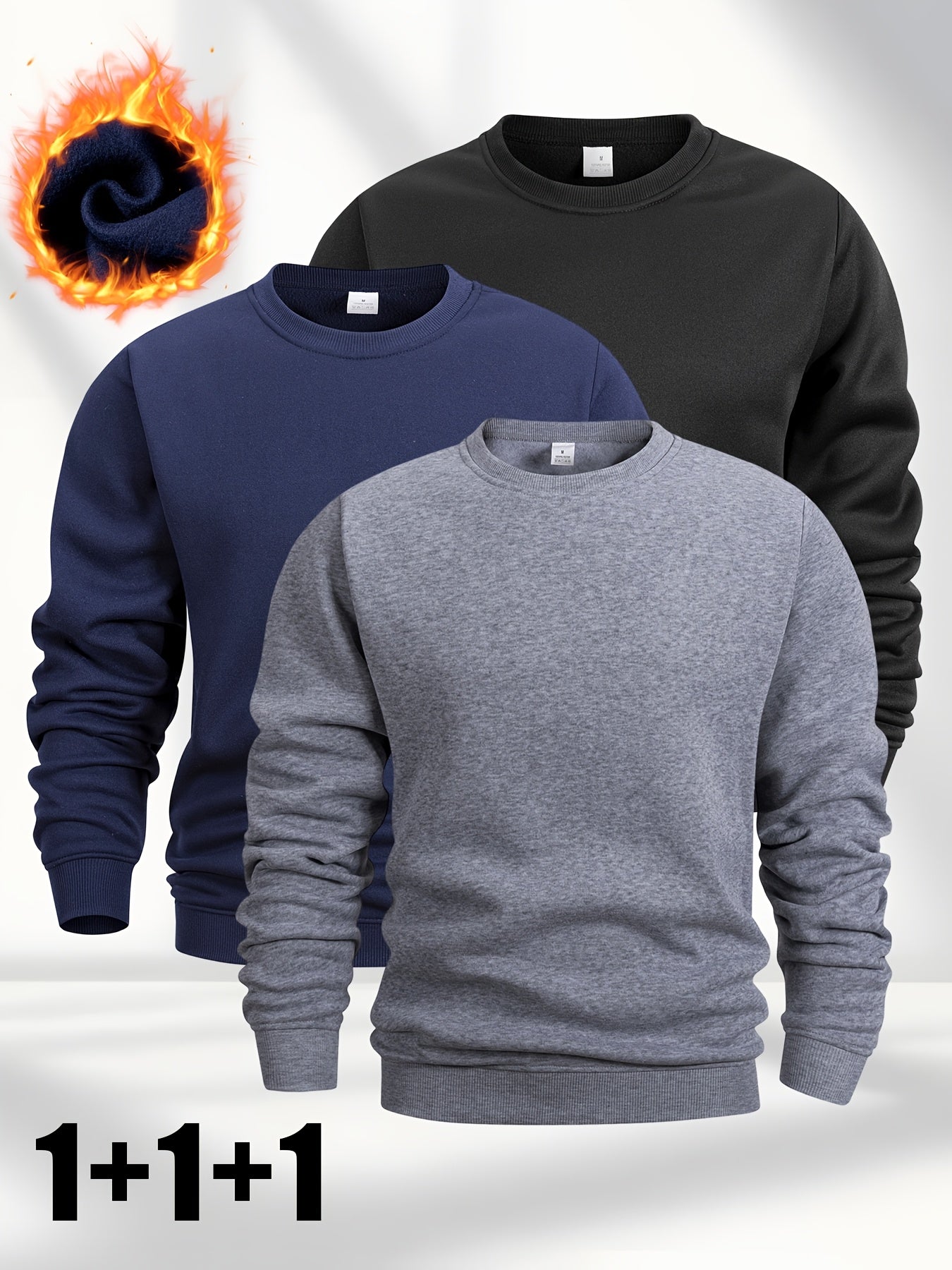 [Three Fleece Pullovers] A Set of Three Men's Solid Color Fleece Crew Neck Casual Pullovers, Featuring a Easy And Stylish Design with Slight Stretch, Suitable for Autumn And Winter. They Are Machine Washable And Can Be Worn L
