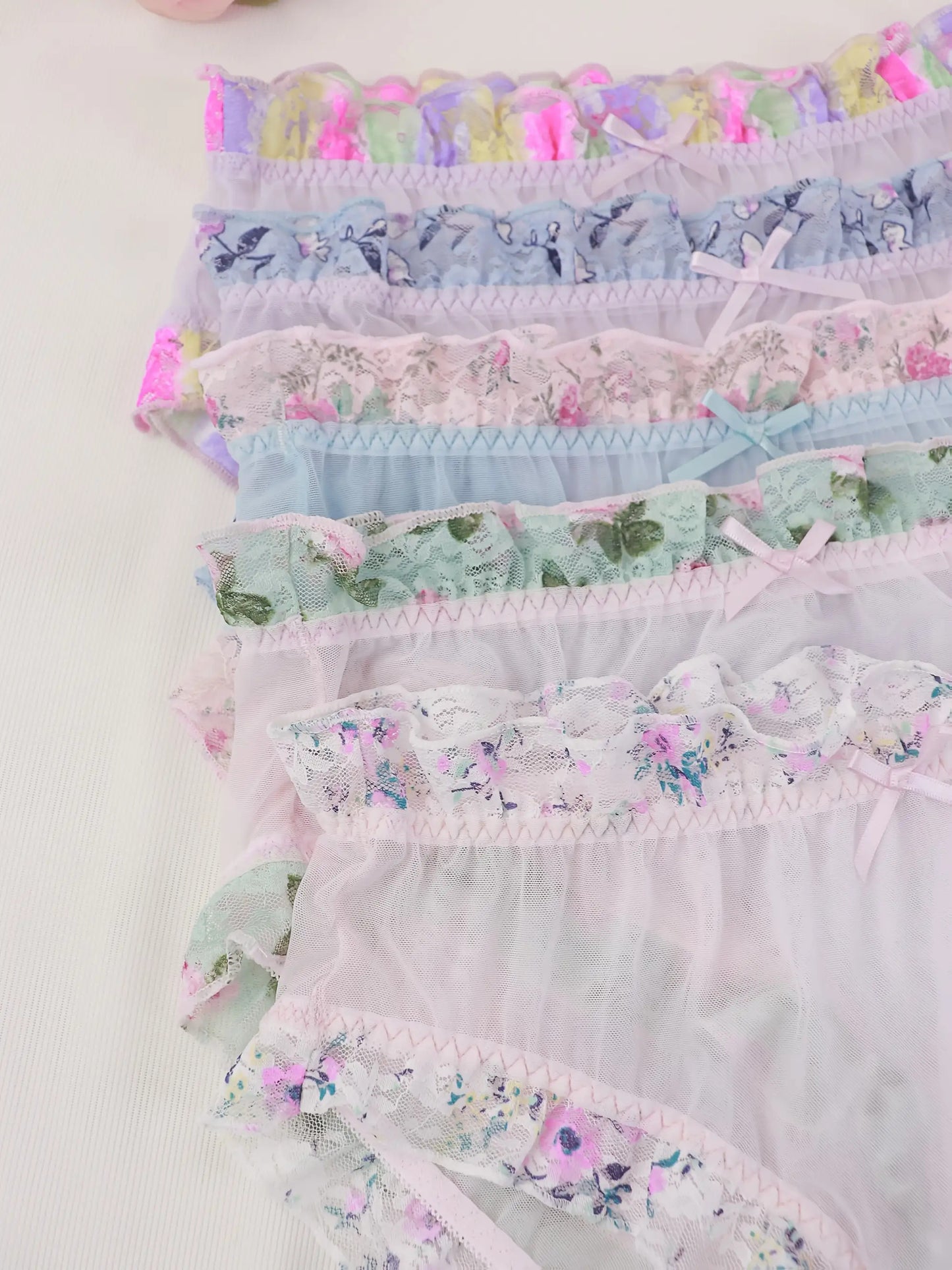 5pcs Set Women's Plus-Size Sheer Mesh Underwear - Sweet & Lace Trim with Ruffled Edges & Bow Accent, Pastel Colors (Pink, Blue, Lavender, Mint, White) - Semi-Transparent Comfortable Everyday Panties, Machine Washable, Multi-C