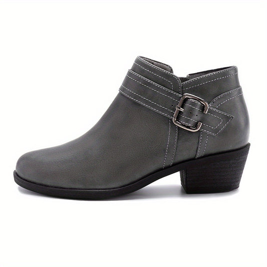 Women's Chunky Low Heel Ankle Boots with Buckle Strap & Side Zipper - Round Toe PU Cover Booties, Rubber Sole for Comfort, Hand Washable Solid Color Boots for Casual & Formal Outfits