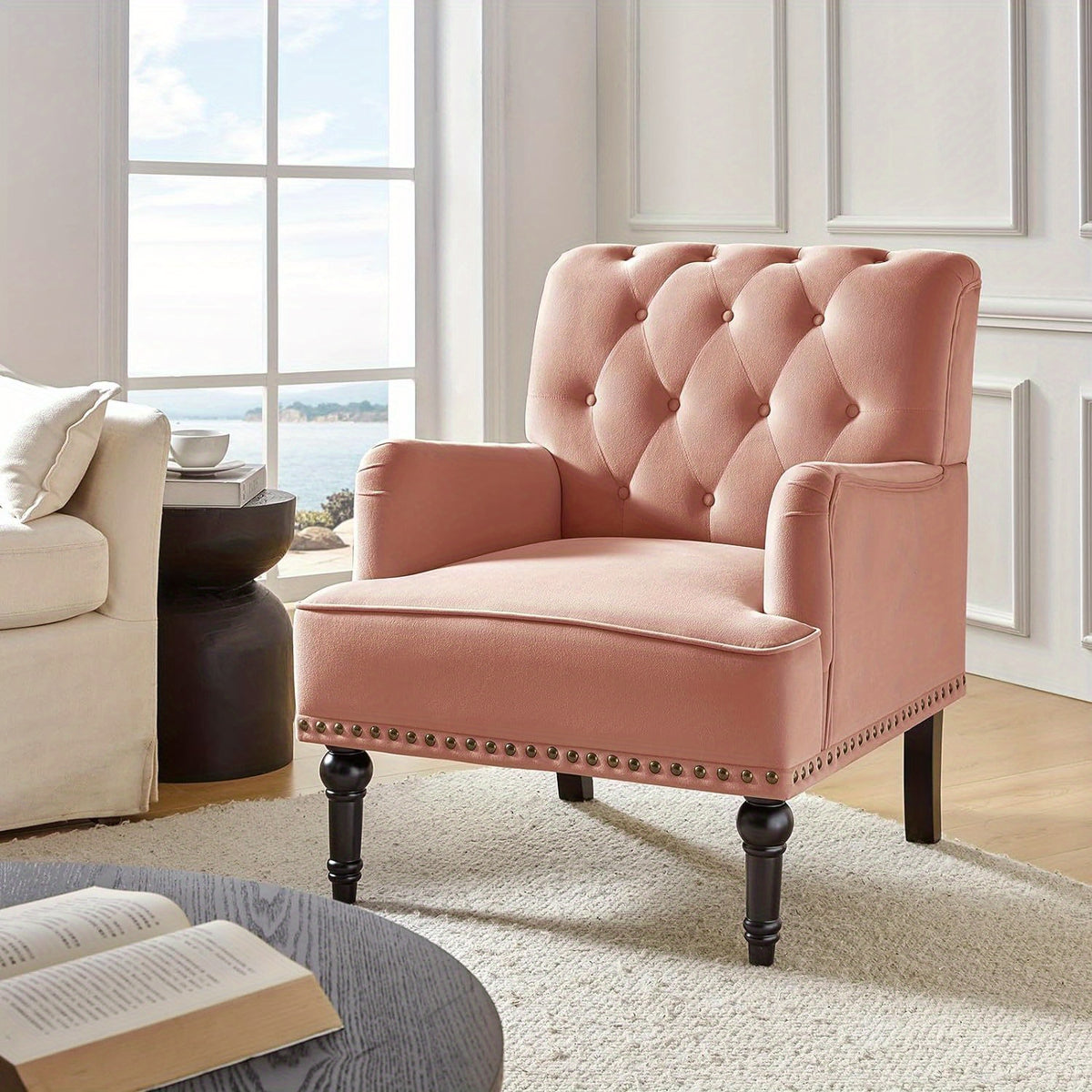Velvet Accent Chair, Modern Wingback Arm Chair with Wood Legs, Velvet Tufted Upholstered Single Sofa Chair for Living Room Bedroom, Dining Room Accent Armchair Club Guest Chair, Grey