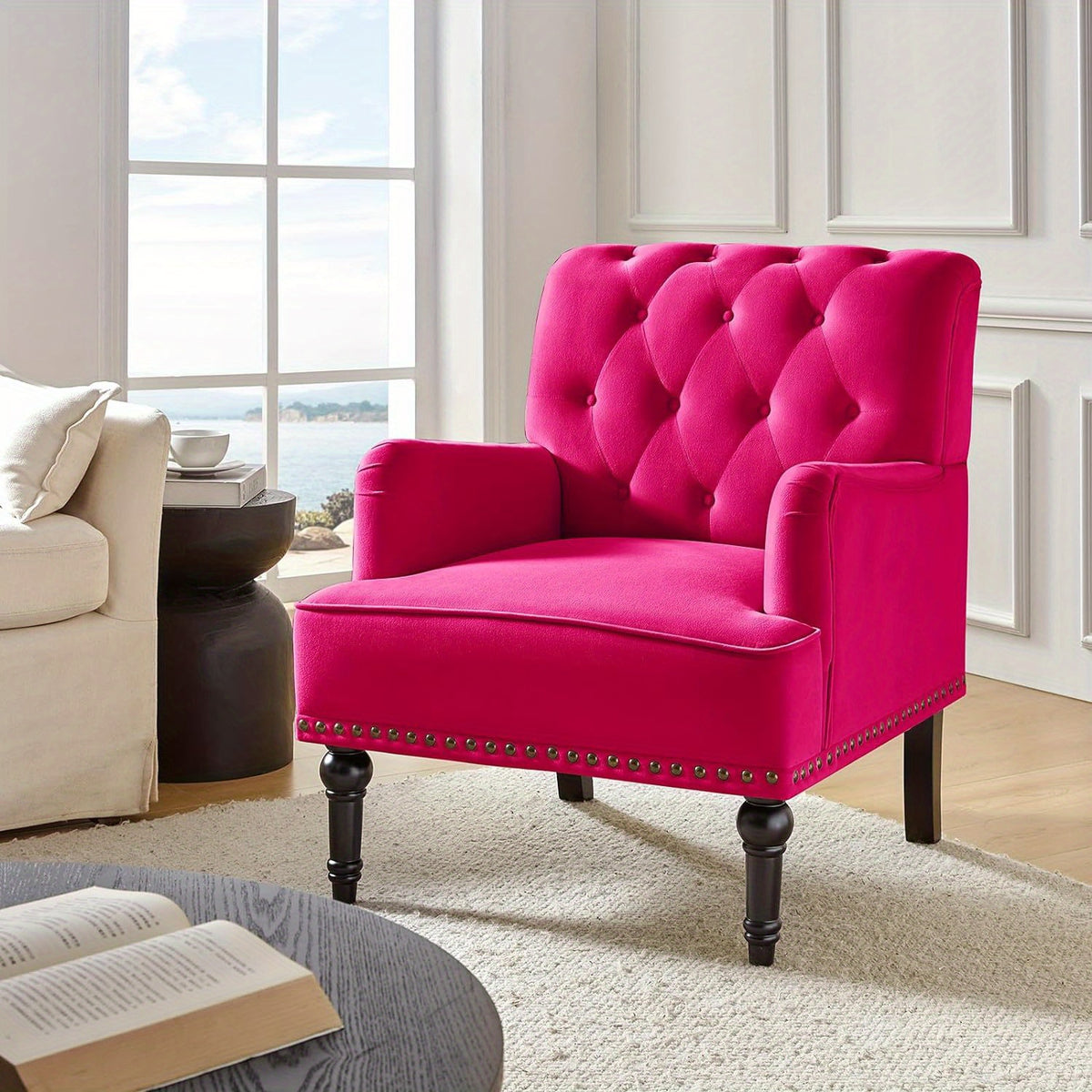 Velvet Accent Chair, Modern Wingback Arm Chair with Wood Legs, Velvet Tufted Upholstered Single Sofa Chair for Living Room Bedroom, Dining Room Accent Armchair Club Guest Chair, Grey