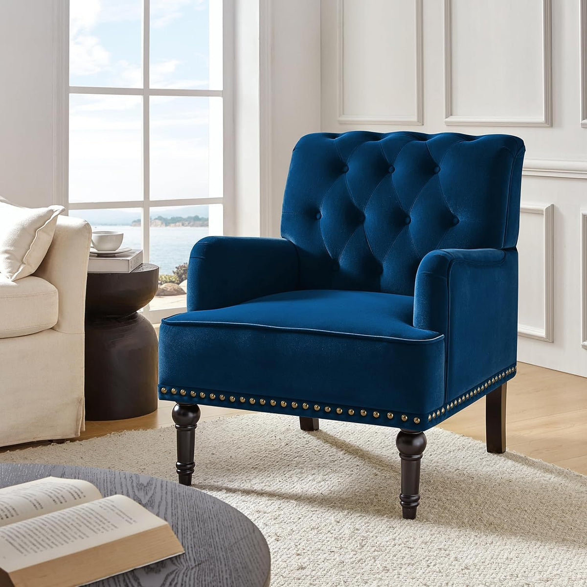 Velvet Accent Chair, Modern Wingback Arm Chair with Wood Legs, Velvet Tufted Upholstered Single Sofa Chair for Living Room Bedroom, Dining Room Accent Armchair Club Guest Chair, Grey