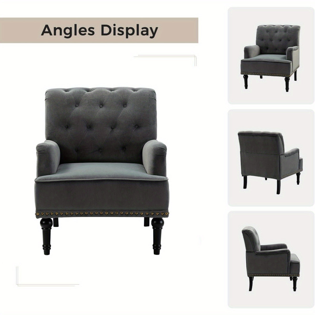 Velvet Accent Chair, Modern Wingback Arm Chair with Wood Legs, Velvet Tufted Upholstered Single Sofa Chair for Living Room Bedroom, Dining Room Accent Armchair Club Guest Chair, Grey