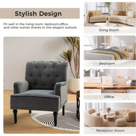 Velvet Accent Chair, Modern Wingback Arm Chair with Wood Legs, Velvet Tufted Upholstered Single Sofa Chair for Living Room Bedroom, Dining Room Accent Armchair Club Guest Chair, Grey