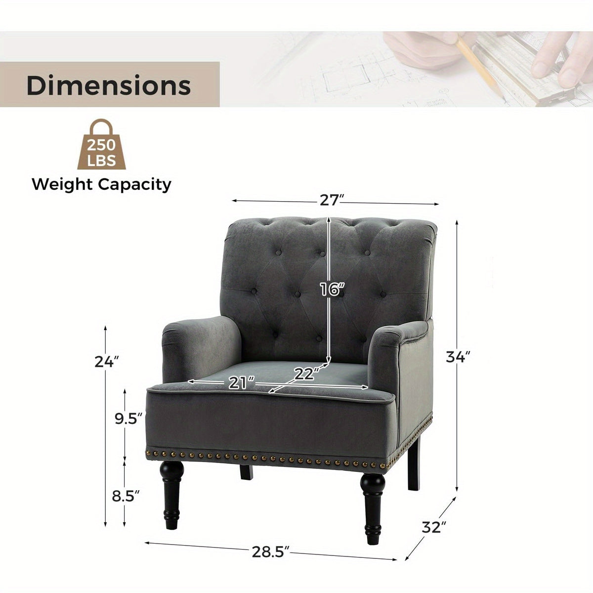 Velvet Accent Chair, Modern Wingback Arm Chair with Wood Legs, Velvet Tufted Upholstered Single Sofa Chair for Living Room Bedroom, Dining Room Accent Armchair Club Guest Chair, Grey
