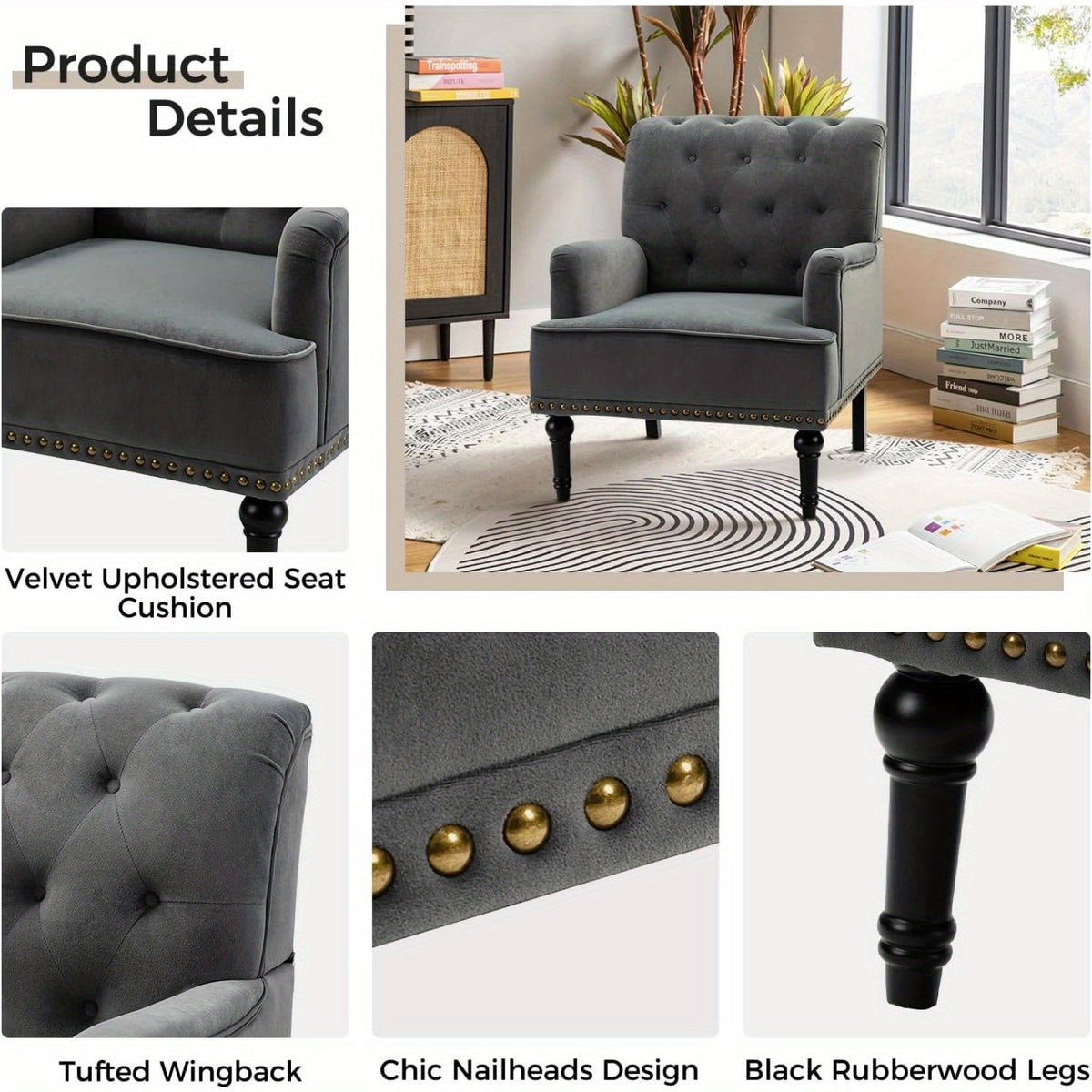 Velvet Accent Chair, Modern Wingback Arm Chair with Wood Legs, Velvet Tufted Upholstered Single Sofa Chair for Living Room Bedroom, Dining Room Accent Armchair Club Guest Chair, Grey