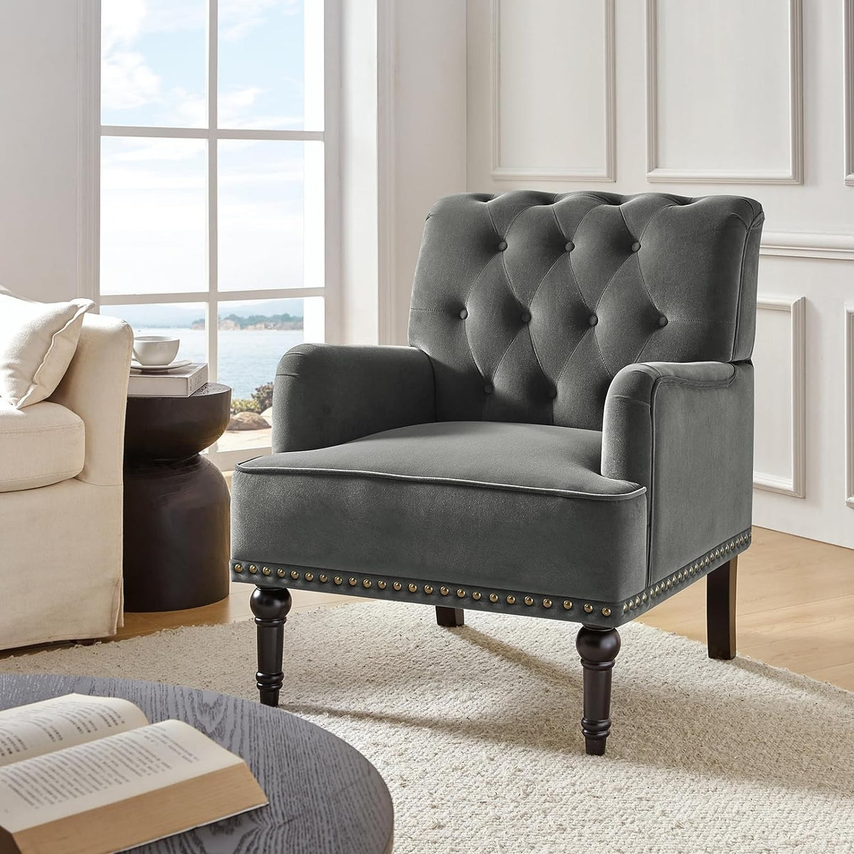 Velvet Accent Chair, Modern Wingback Arm Chair with Wood Legs, Velvet Tufted Upholstered Single Sofa Chair for Living Room Bedroom, Dining Room Accent Armchair Club Guest Chair, Grey