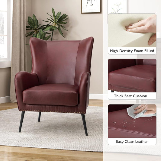 Burgundy Faux Leather Accent Chair with Removable Cushion - Wingback Armchair w/Nailhead Trim & Frame, Upholstered Foam Cushion Suitable for Living Room, Bedroom, Reading Nook - Easy Assembly, Elegant Wingback Chair