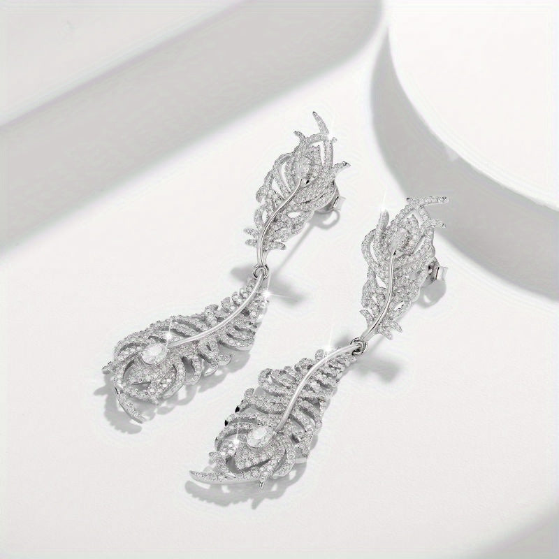Xiaoxiang Earrings Peacock Feather Full Diamond Moissanite S925 18k Gold Plated Party Wedding Festival Activities Daily Wear, Festivals, Birthdays, Anniversaries