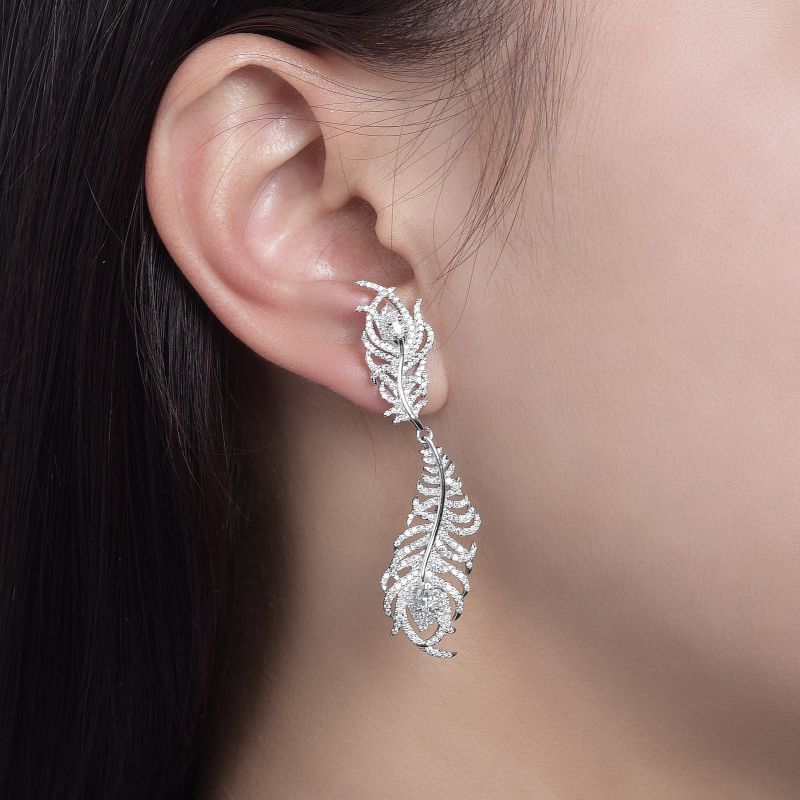 Xiaoxiang Earrings Peacock Feather Full Diamond Moissanite S925 18k Gold Plated Party Wedding Festival Activities Daily Wear, Festivals, Birthdays, Anniversaries