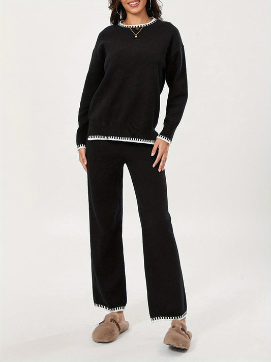 1 Set Women'S Casual Polyester Crew Neck Sweater and Pants Suit - Solid Color Knit Long Sleeve Top with Matching Trousers for Fall/Winter