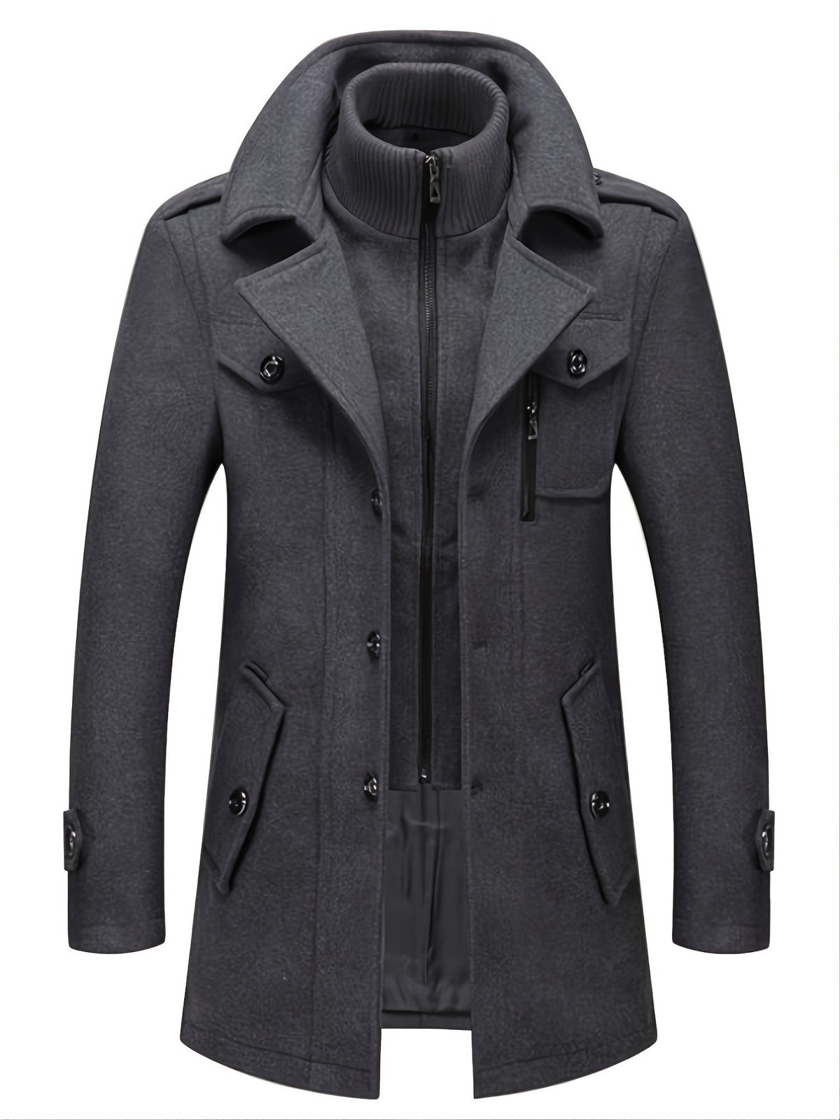 Men's Business Coat - Double Mid-Length Jacket with Collar & Single-Breasted Button Front, Warm Winter Coat Suitable for Office, Casual Wear - Solid Color Wool Jacket