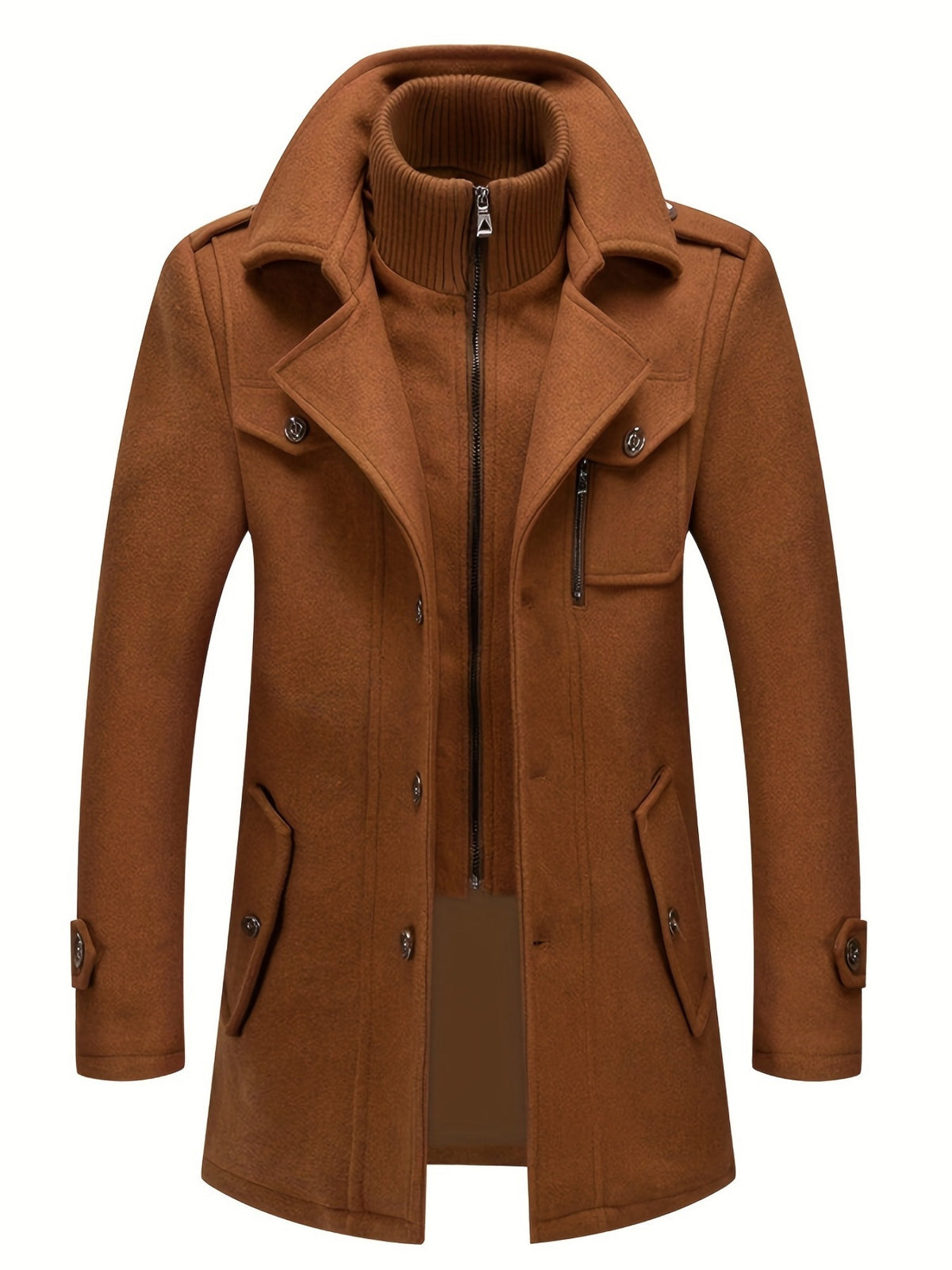 Men's Business Coat - Double Mid-Length Jacket with Collar & Single-Breasted Button Front, Warm Winter Coat Suitable for Office, Casual Wear - Solid Color Wool Jacket