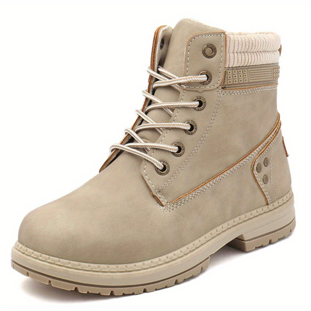Women's Comfortable High Quality Lace-Up Work Boots - Casual Ankle High, Beige PU Cover with Rubber Sole, Round Toe, Low Heel, Hand Wash Only, Outdoor Footwear