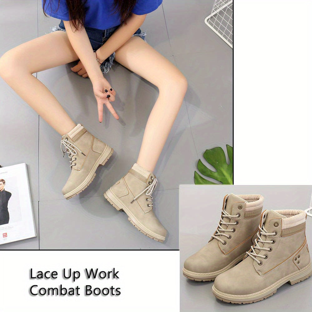 Women's Comfortable High Quality Lace-Up Work Boots - Casual Ankle High, Beige PU Cover with Rubber Sole, Round Toe, Low Heel, Hand Wash Only, Outdoor Footwear