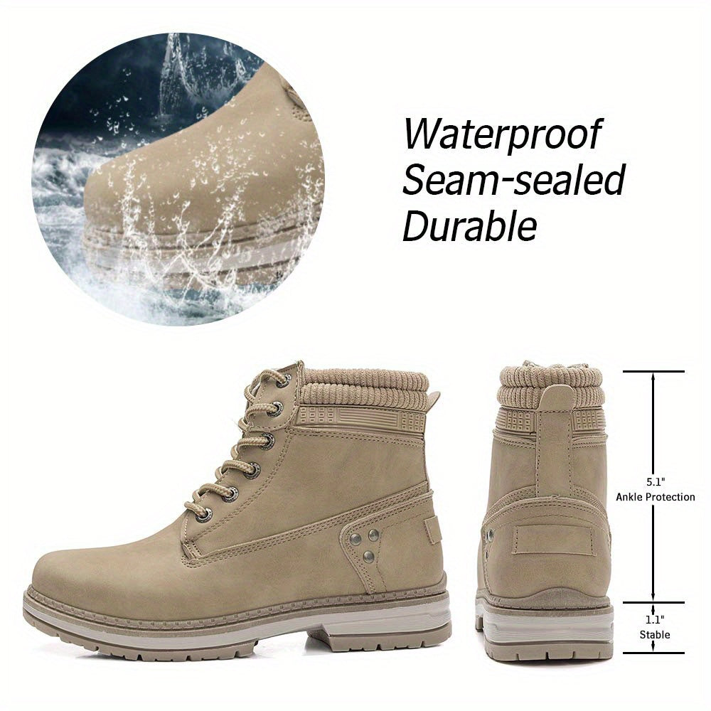Women's Comfortable High Quality Lace-Up Work Boots - Casual Ankle High, Beige PU Cover with Rubber Sole, Round Toe, Low Heel, Hand Wash Only, Outdoor Footwear