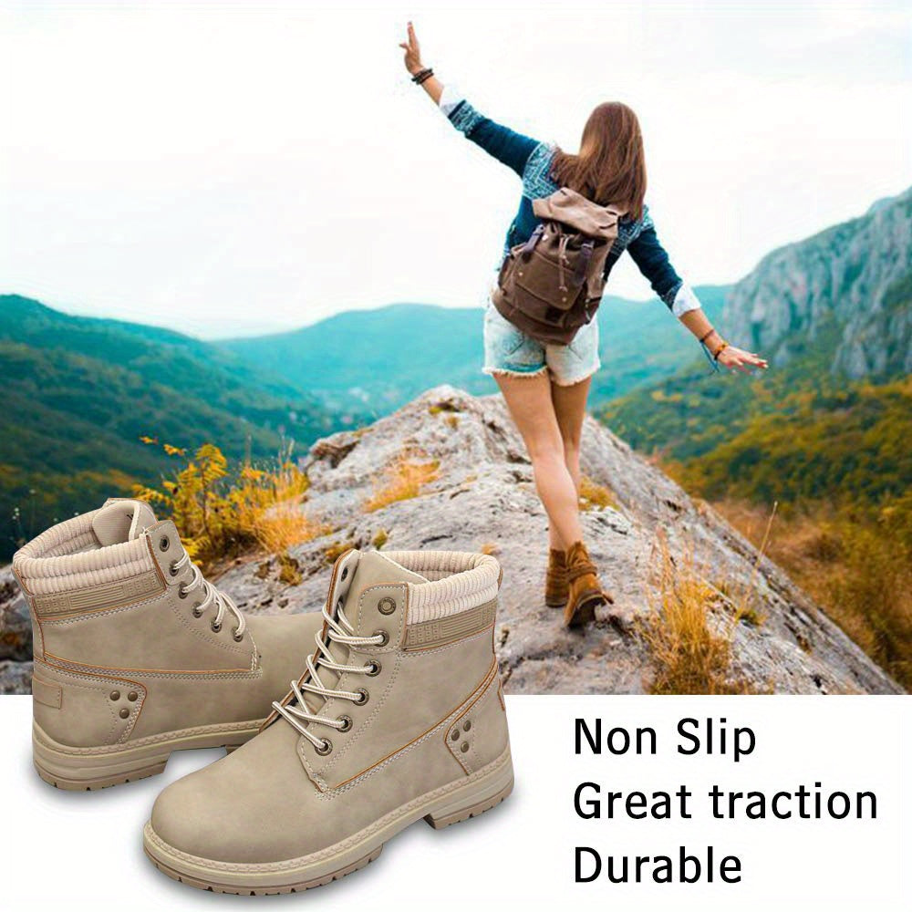 Women's Comfortable High Quality Lace-Up Work Boots - Casual Ankle High, Beige PU Cover with Rubber Sole, Round Toe, Low Heel, Hand Wash Only, Outdoor Footwear