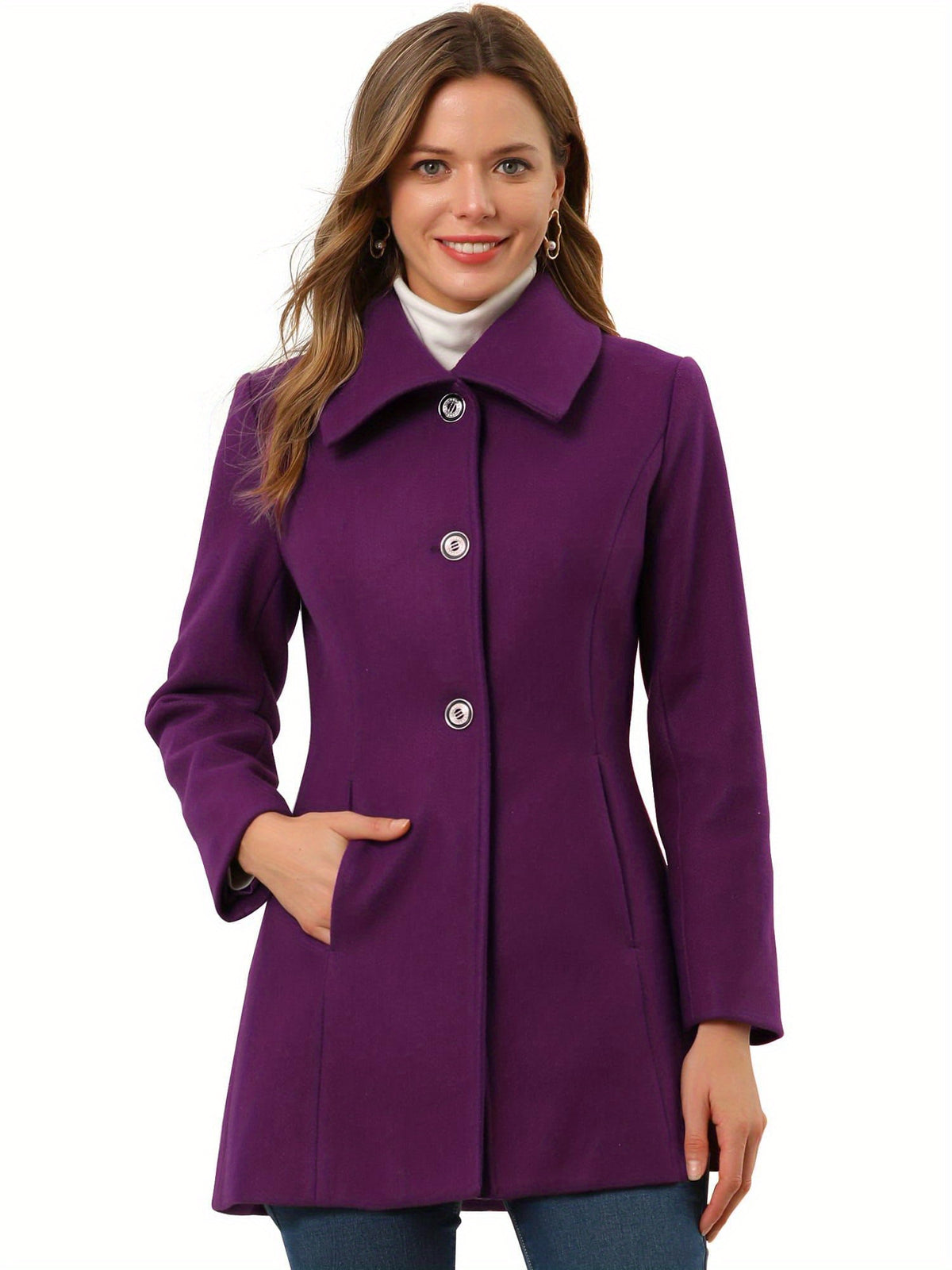 Allegra K Women’s Elegant Purple Winter Coat - Classic Single-Breasted Overcoat with Slant Pockets, Turn- Collar, and Bowtie Back, Fully Lined for Warmth, A-Line Shape, Long Sleeve, Machine Washable, Perfect for Fall/Winter
