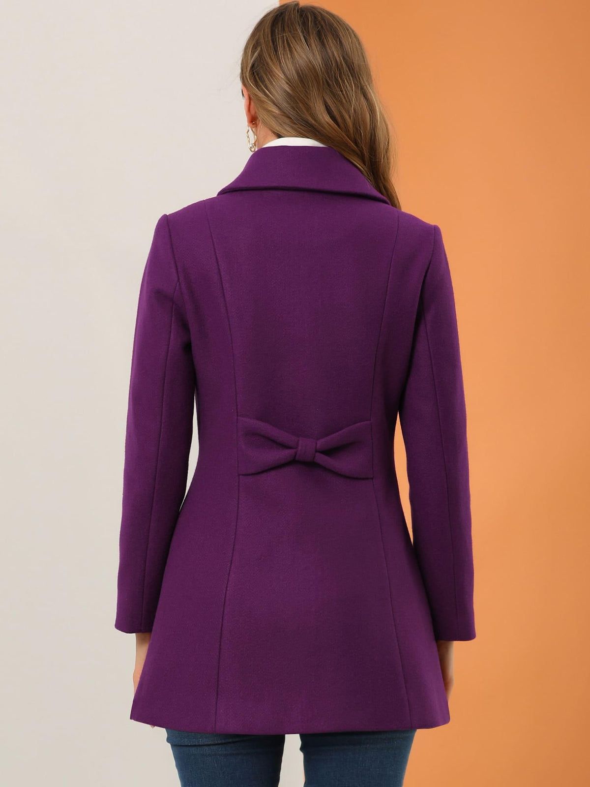 Allegra K Women’s Elegant Purple Winter Coat - Classic Single-Breasted Overcoat with Slant Pockets, Turn- Collar, and Bowtie Back, Fully Lined for Warmth, A-Line Shape, Long Sleeve, Machine Washable, Perfect for Fall/Winter