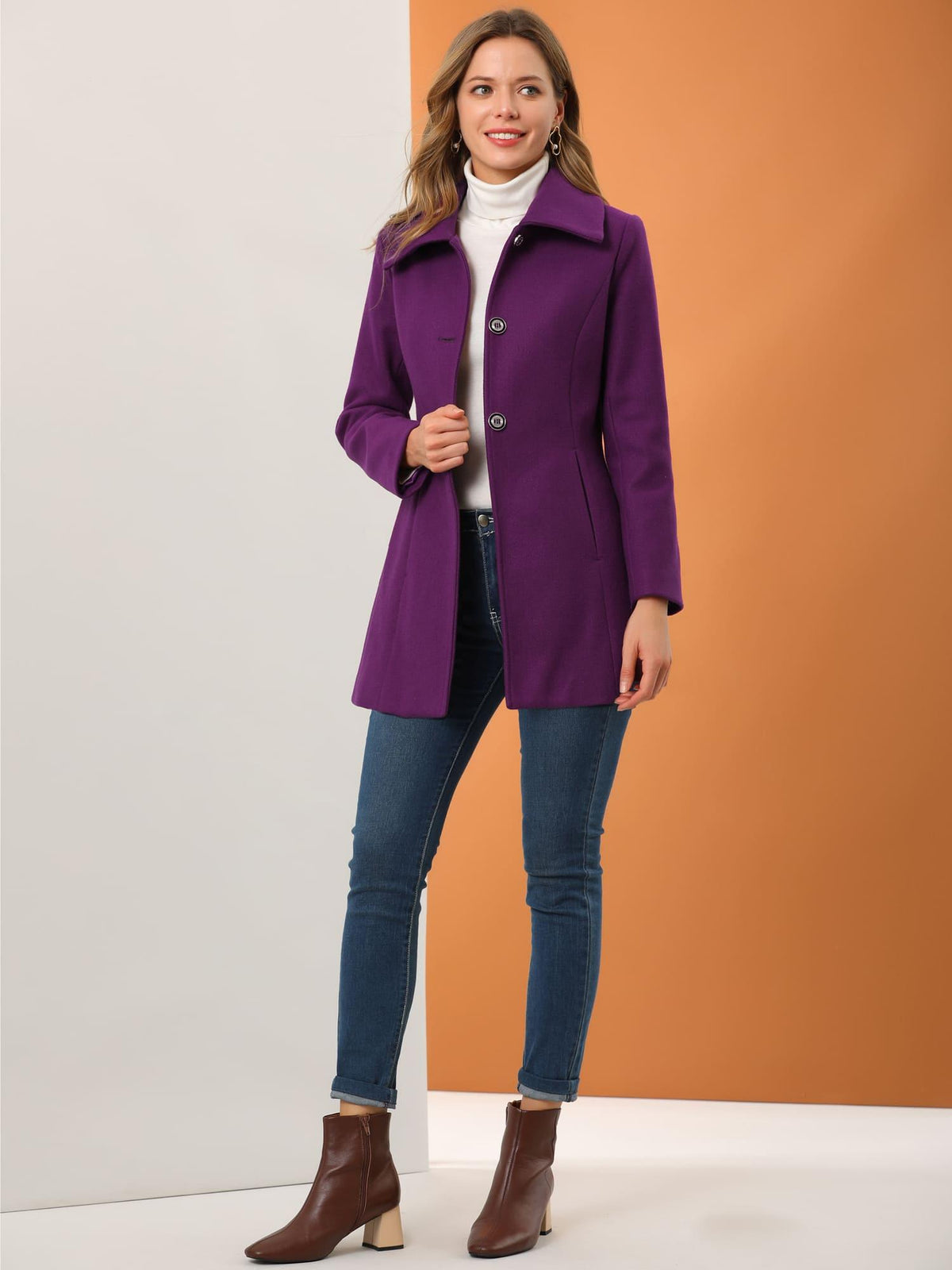 Allegra K Women’s Elegant Purple Winter Coat - Classic Single-Breasted Overcoat with Slant Pockets, Turn- Collar, and Bowtie Back, Fully Lined for Warmth, A-Line Shape, Long Sleeve, Machine Washable, Perfect for Fall/Winter