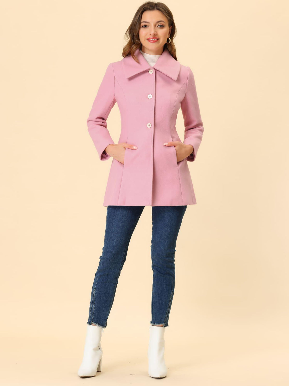Allegra K Women’s Elegant Purple Winter Coat - Classic Single-Breasted Overcoat with Slant Pockets, Turn- Collar, and Bowtie Back, Fully Lined for Warmth, A-Line Shape, Long Sleeve, Machine Washable, Perfect for Fall/Winter