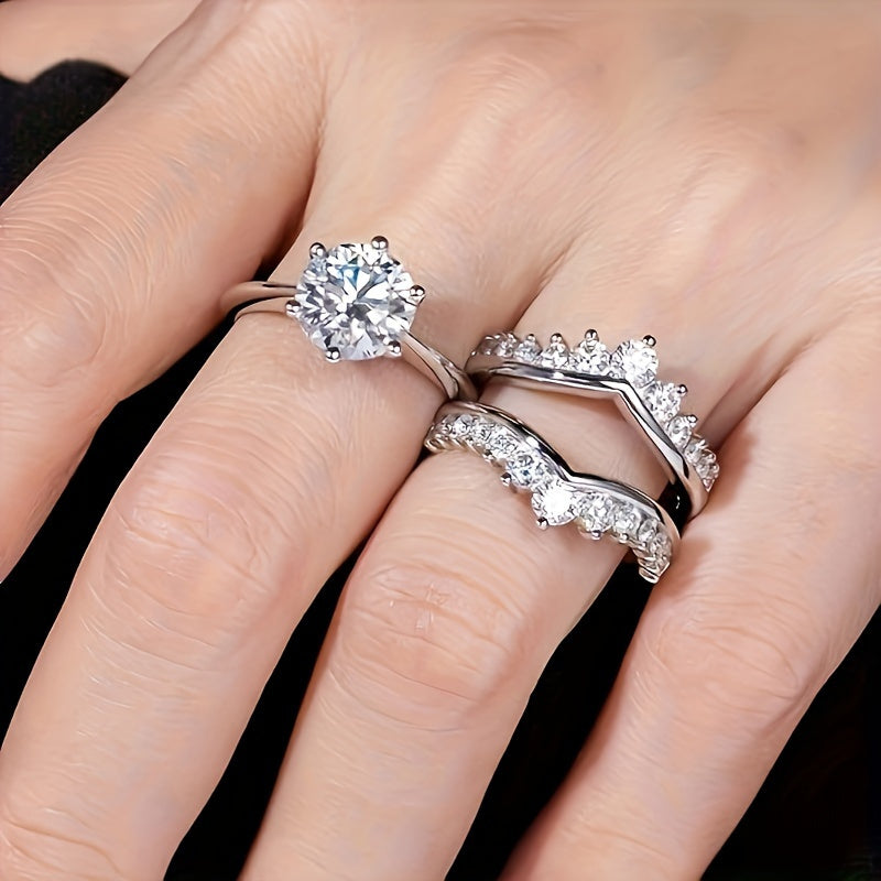 Instant Shipment: Instant Dispatch: 1pc 3 Carat Moissanite Engagement Ring Set, 925 Sterling Silver With 18K Golden Plating, Fashionable Couple's Gift, Unisex Jewelry For Men And Women, Birthday Party Luxury Accessory