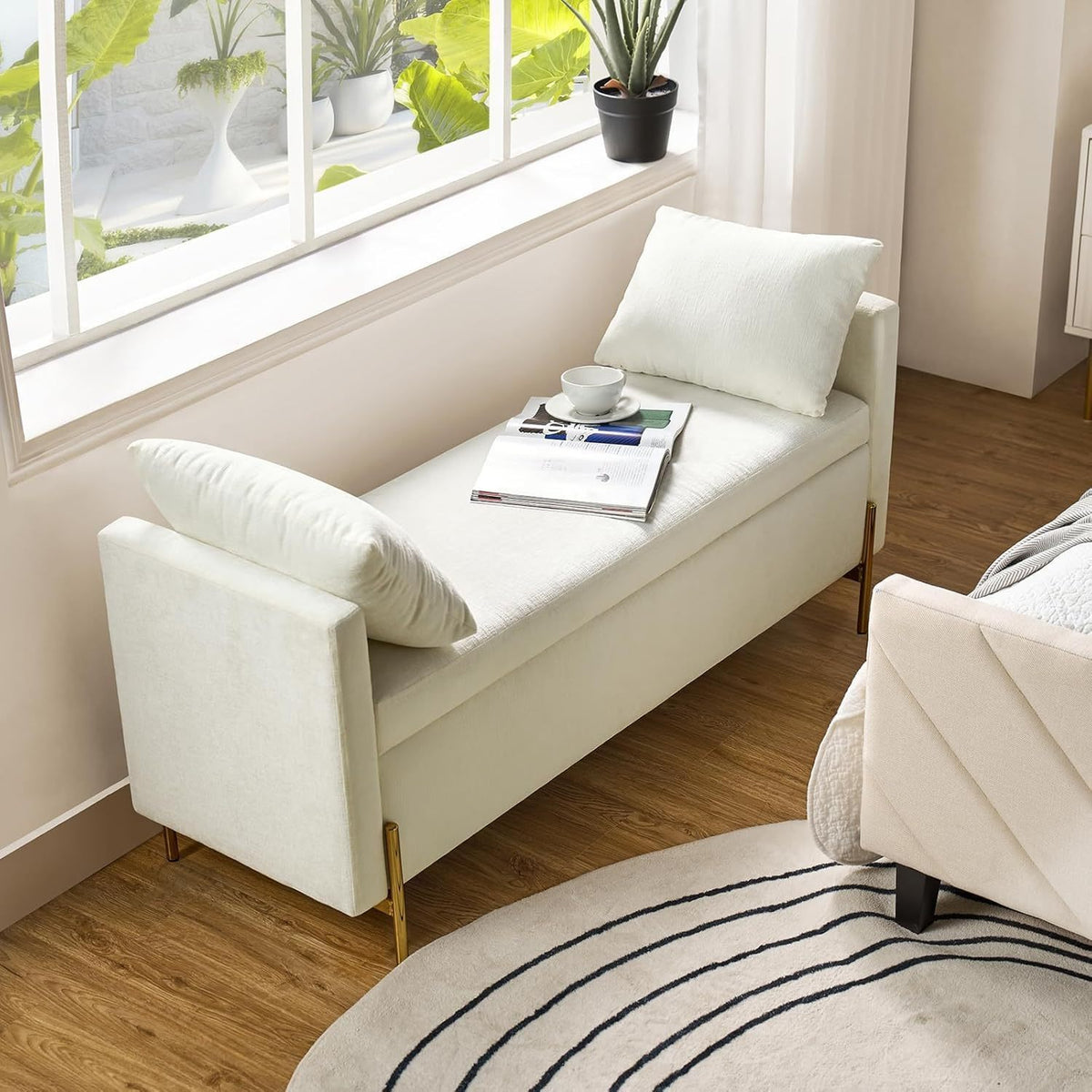 Modern Storage Ottoman Bench with Throw Pillows, Metal Leg Bedroom Bench for End of Bed, Comfy Upholstered Footstool for Entryway