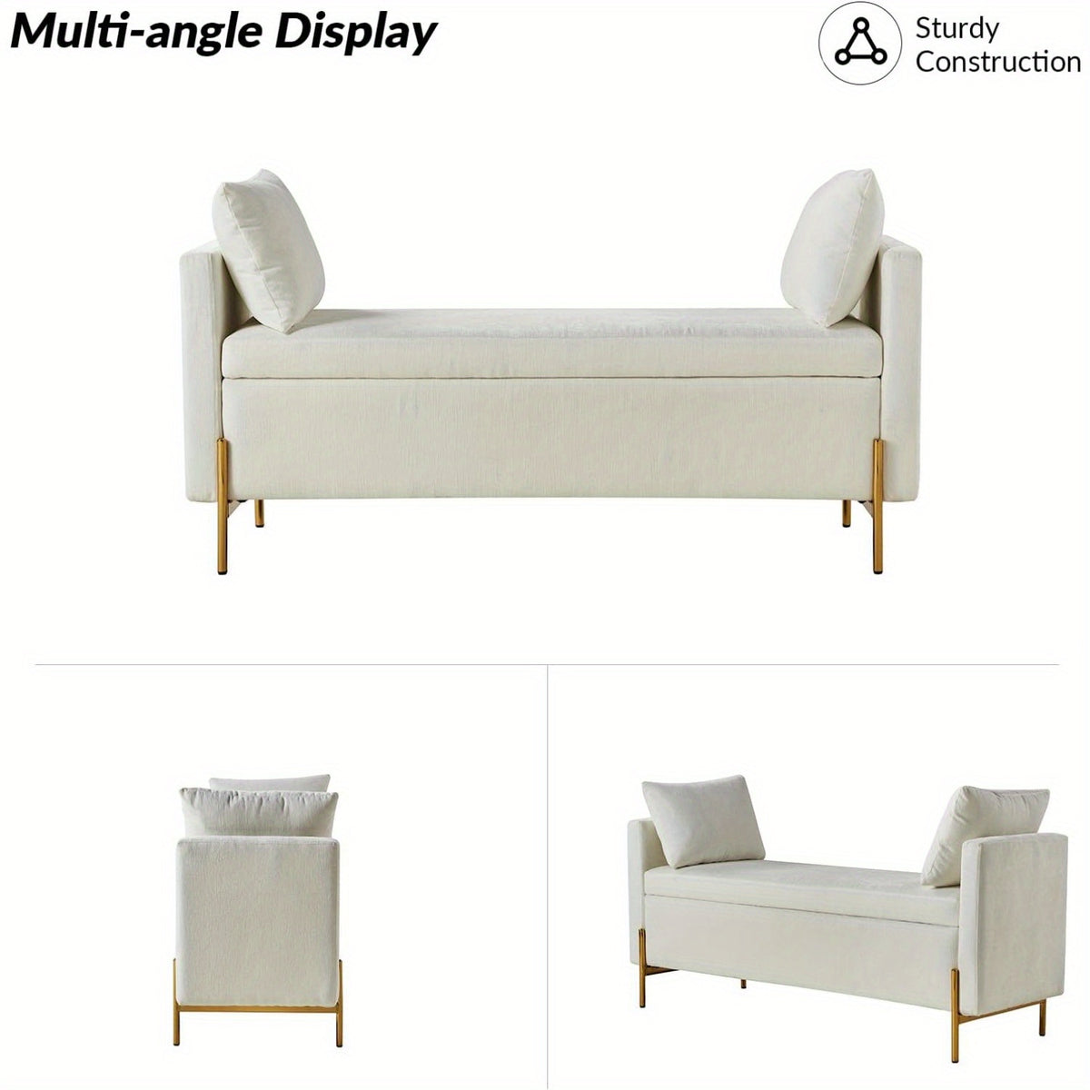 Modern Storage Ottoman Bench with Throw Pillows, Metal Leg Bedroom Bench for End of Bed, Comfy Upholstered Footstool for Entryway